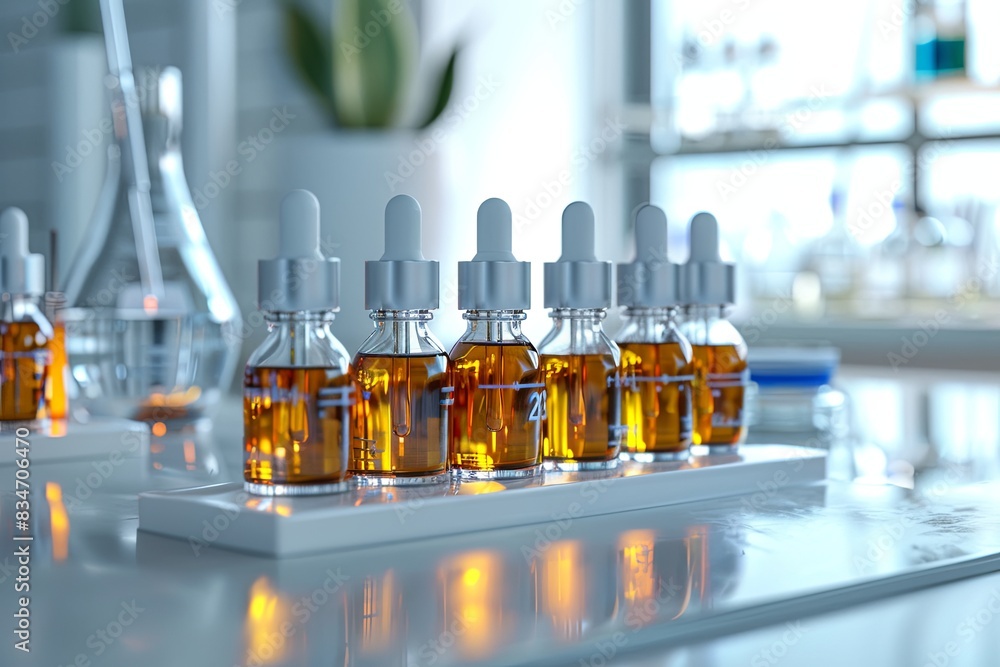 Poster close-up of glass bottles with amber liquid in a sterile laboratory setting. generative ai