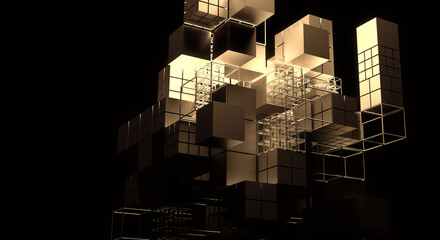 A close up of a futuristic building made of cubes