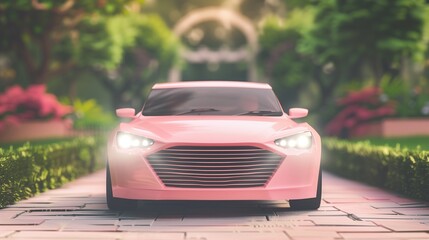 Half of a pastel pink coupe from the front with headlights on, on a blurred garden background for ads with copy space for text