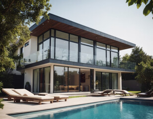 Obraz premium La residenza di lusso con facciata in cemento grezzo presenta una piscina con bordo a sfioro, integrata perfettamente nel giardino. 