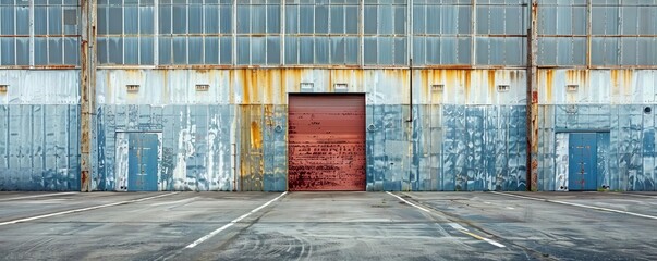 Spacious parking lot in front of a warehouse building, uncovered, no cars, industrial environment