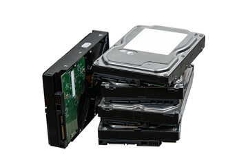 Hard drives stacked on top of each other. SATA 3.5 HDD for information storage. Isolate on a white...