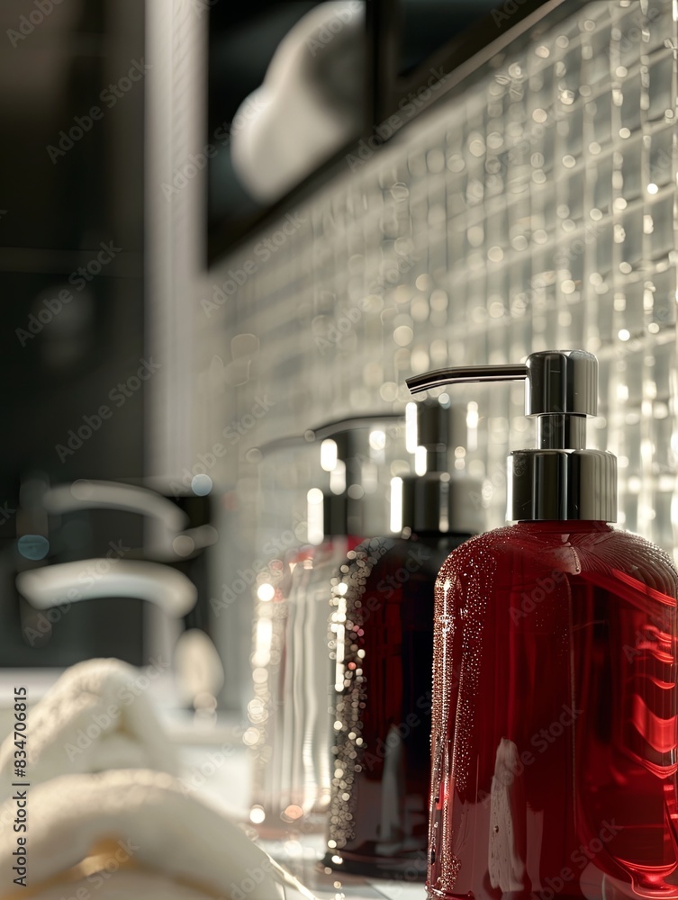 Poster three stylish bottles of shampoo and conditioner on a bathroom counter. generative ai