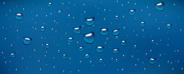 Water drops, realistic droplets of liquid on a blue background.