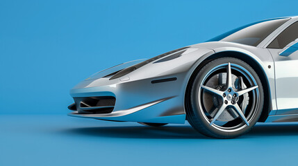 Half of a silver sports car from the front left side with copy space for text on a plain blue...