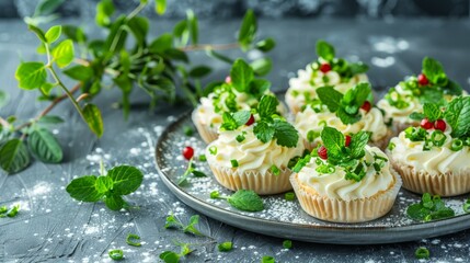  A plate holds a dozen cupcakes, each boasting white frosting and adorned with green leaves and vibrant sprinkles Nearby, a solitary sprig of