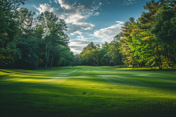 Naklejka premium Wide angle view of a golf course with trees in the background 