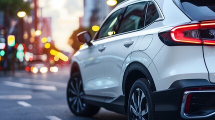 Fototapeta premium Half of a white hybrid SUV from the back right side with copy space for text on a blurred urban background for eco-friendly ads.
