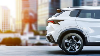 Half of a white hybrid SUV from the back right side with copy space for text on a blurred urban background for eco-friendly ads.