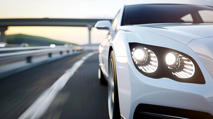 Fototapeta premium Half of a white luxury car from the front with headlights on, on a blurred highway background for ads with copy space for text