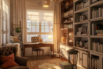 Fototapeta premium A wide-angle view of a midcentury modern living room filled with furniture, centered around a minimalist fireplace