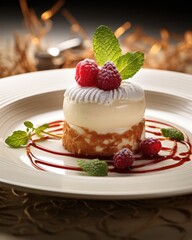 A dessert with raspberries and mint on top of a white plate