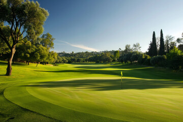 Obraz premium Wide angle view of a golf course with trees in the background 
