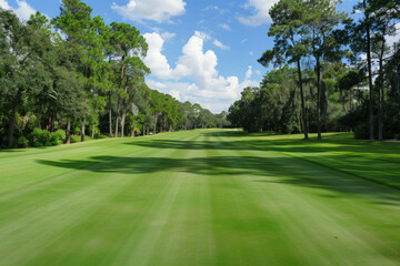 Fototapeta premium Wide angle view of a golf course with trees in the background 