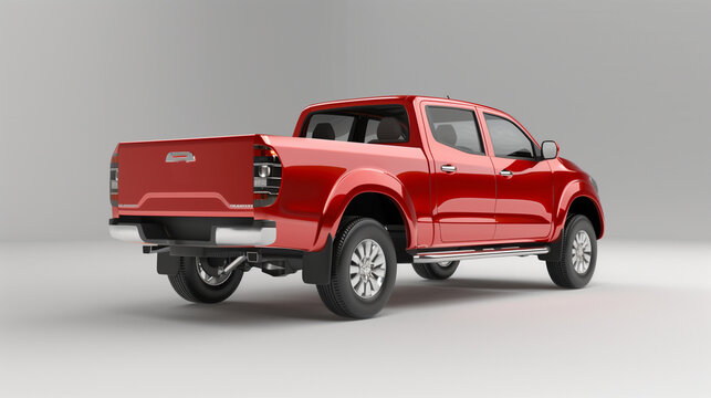 Minimalist red pickup truck back right view with copy space for text on plain background for ads