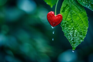 Obraz premium Close-up of a heart-shaped water droplet falling from a leaf after a workout, symbolizing the connection between exercise and health