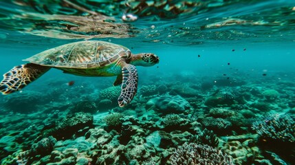 Obraz premium Sea Turtle Gliding Over Vibrant Coral Reef