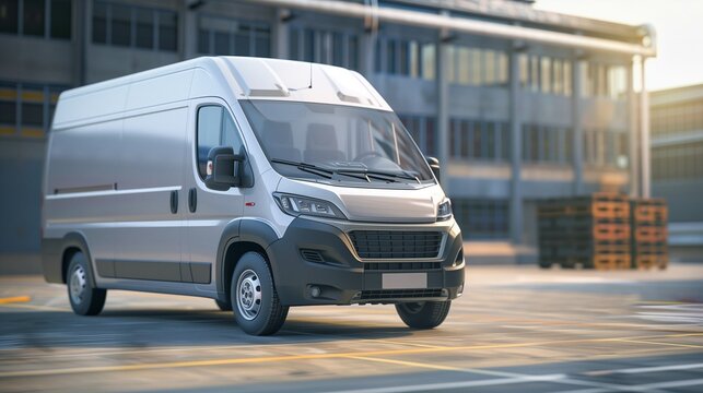 Modern silver van front left view with copy space for text on blurred industrial background for ads