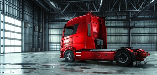 Fototapeta premium Red electric truck half side view with copy space on industrial background for commercial vehicle ads