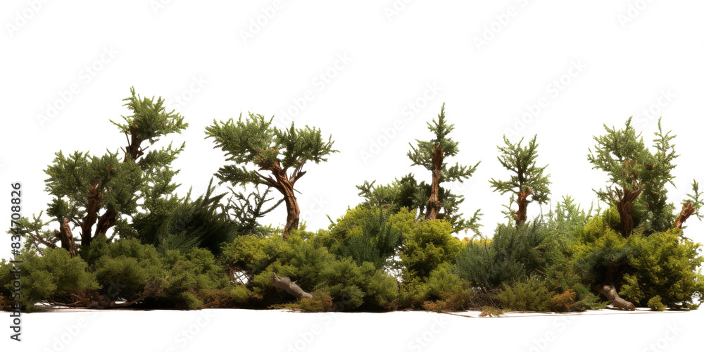 Poster an isolated image of a lush evergreen forest landscape with a variety of trees and shrubs on a white
