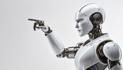 cyborg pointing at pointing at invisible object. isolated white background. Isolated.
White cyborg robotic hand pointing his finger - 3D rendering isolated on free