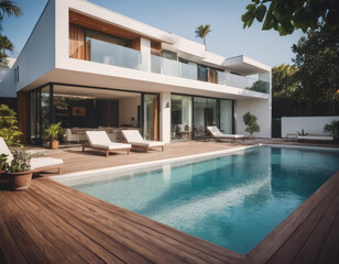 La casa minimalista ha una piscina con fondo in mosaico, creando un effetto scintillante sotto il sole.
