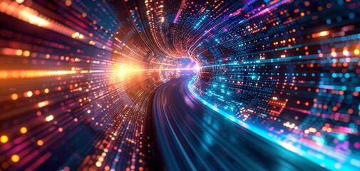 Obraz premium Abstract digital tunnel with highspeed data, lightspeed visualization, vibrant colors, futuristic, hightech design