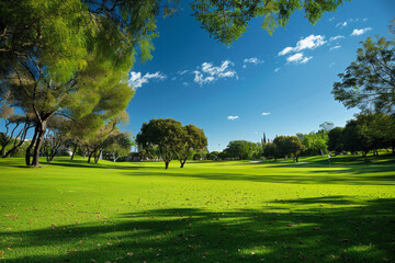 Obraz premium Wide angle view of a golf course with trees in the background 