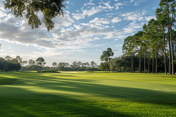 Obraz premium Wide angle view of a golf course with trees in the background 