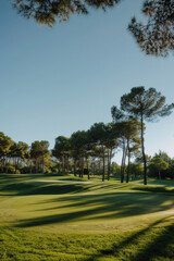 Wide angle view of a golf course with trees in the background 