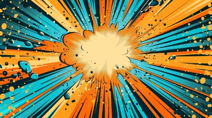 Blank comic book explosion background, superhero theme, birthday card template, dynamic orange and blue bursts, vibrant pop art style, retro design