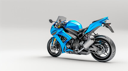 Obraz premium Sleek blue motorcycle back right view with copy space for text on plain background for ads