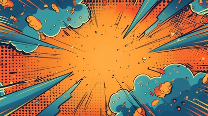 Blank comic explosion background, superhero theme, birthday card template, dynamic orange and blue bursts, vibrant pop art design, retro comic