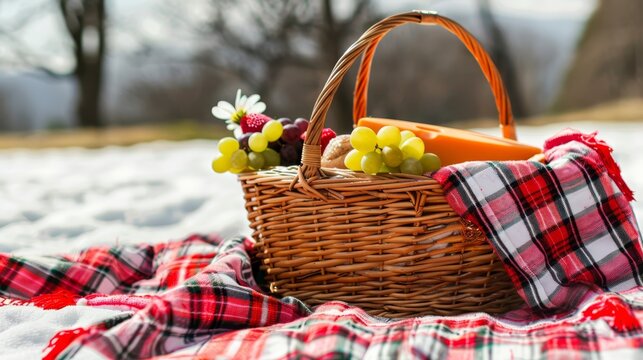  A basket brimming with fruits and veggies atop a plaid blanket, positioned over snow-covered ground Trees stand behind, snow-capped branches against a clear sky