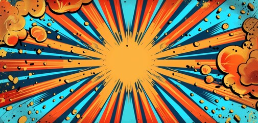 Blank space comic explosion background, superhero theme, birthday card template, dynamic orange and blue rays, vibrant pop art design