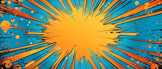 Comic book explosion with blank space, superhero theme, vibrant pop art background, dynamic birthday card template, orange and blue rays