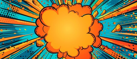 Comic book explosion with blank space, superhero theme, vibrant pop art background, dynamic birthday card template, orange and blue rays