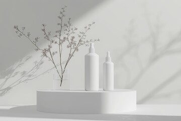 Two white cosmetic bottles on podium isolated on light background with shadows, mockup template for product presentation. mockup of blank packaging for face cream or serum with copy space.