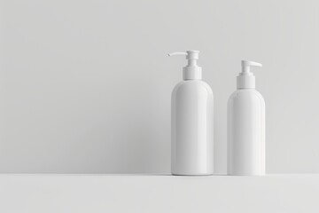 Two white cosmetic bottles on podium isolated on light background with shadows, mockup template for product presentation. mockup of blank packaging for face cream or serum with copy space.