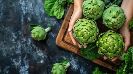  A person holds several green artichokes over a black cutting board, nearby rests an additional arrangement of artichokes on a wooden one