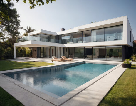 La casa minimalista con tetto a sbalzo e pavimentazione in pietra ha una piscina rettangolare, illuminata da luci soffuse al calar della sera.
