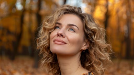 Fototapeta premium A woman with curly hair and blue eyes gazes at the sky, standing amidst a leaf-covered area Surrounding her are trees shedding yellow leaves, their branches casting