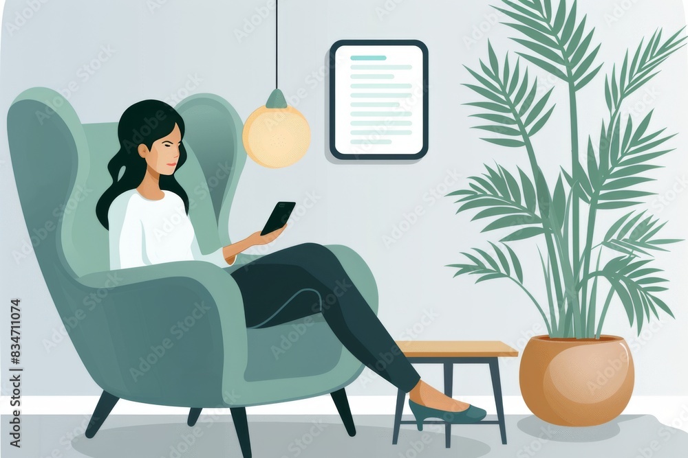 Poster woman relaxing in smart home with automated systems, illustrating comfortable and efficient modern l