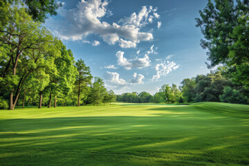 Wide angle view of a golf course with trees in the background 