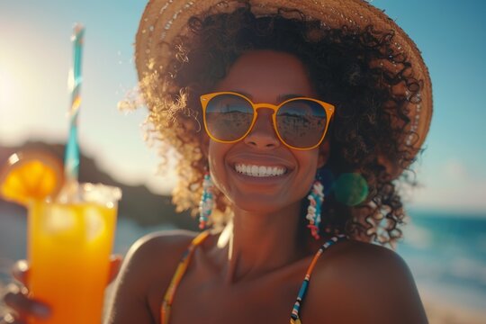 Happy person drinks orange juice glass of fresh drink in summer joy smiling girl pretty woman enjoying squized fruit morning tasty nutrition beverage healthy lifestyle wellbeing