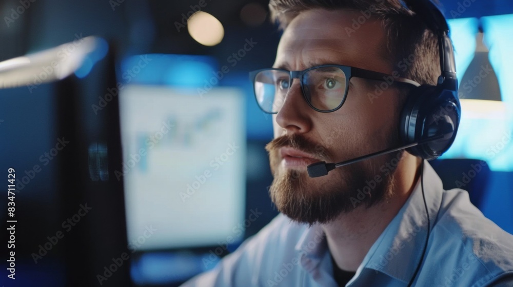 Poster a man wearing glasses and a headset is working on a computer