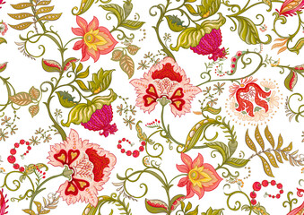 Fantasy flowers in retro, vintage, jacobean embroidery style. Seamless pattern, background. Vector illustration.