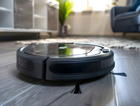 Robotic vacuum cleaning a floor, carrying out tasks autonomously without human intervention or assistance.