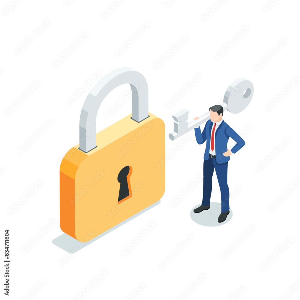 Poster isometric vector business man with a key stands near the lock, in color on a white background, data 