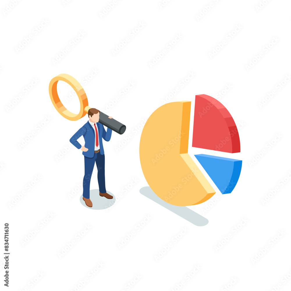 Poster isometric vector business man with a magnifying glass standing near a pie chart, in color on a white